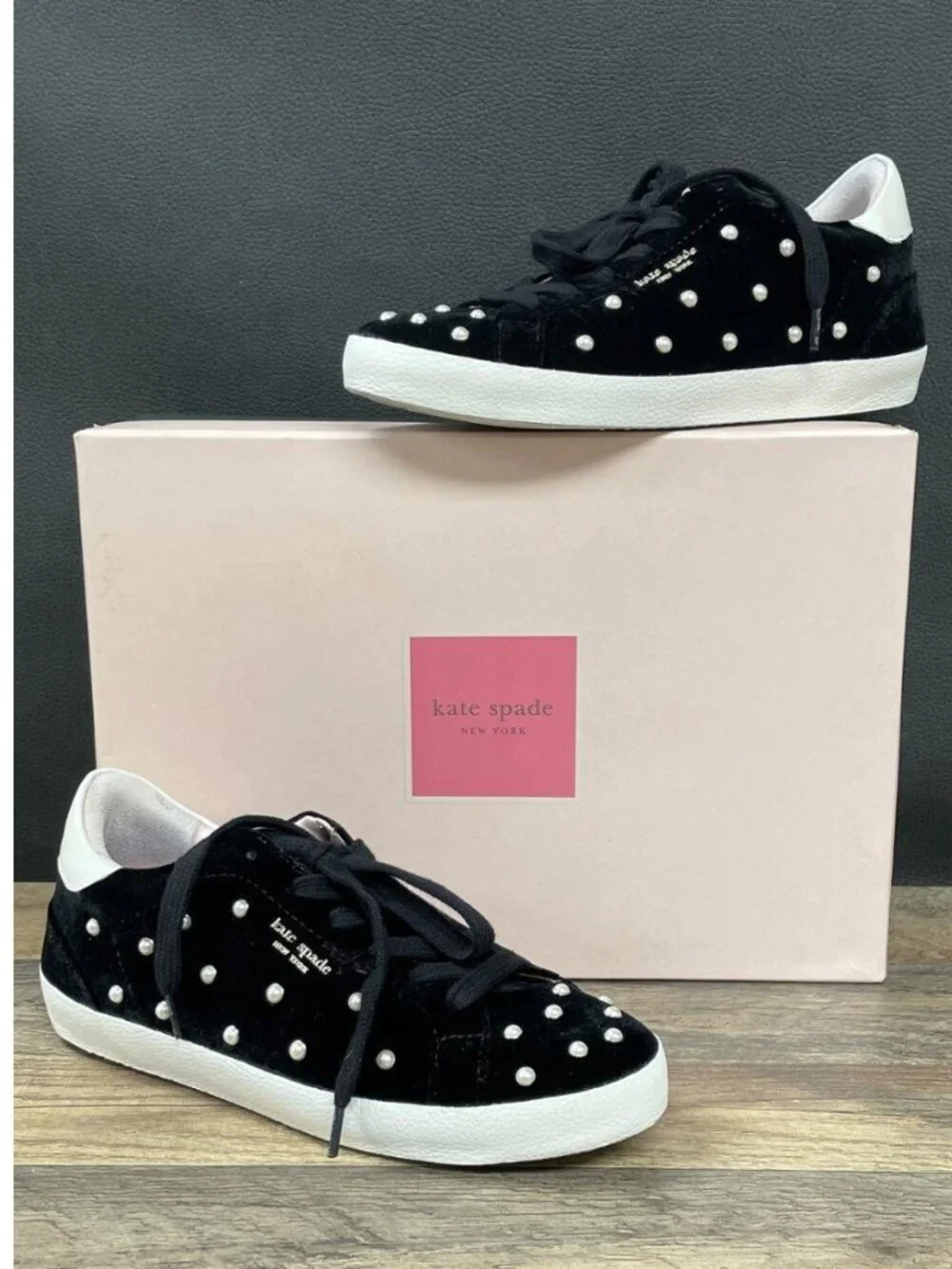 Kate Spade Ace Pearl Black Velvet Studded Sneakers 8B EU 38.5 Luxury